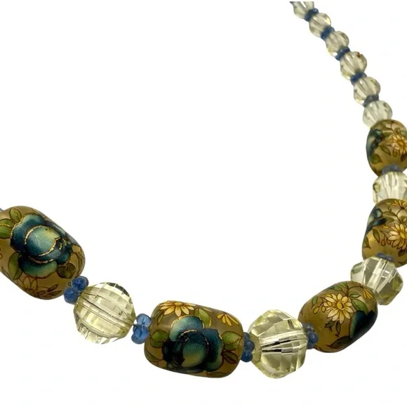 Vintage Hand-Painted Art Glass Necklace w/ 14K Gold Clasp-Length 19”